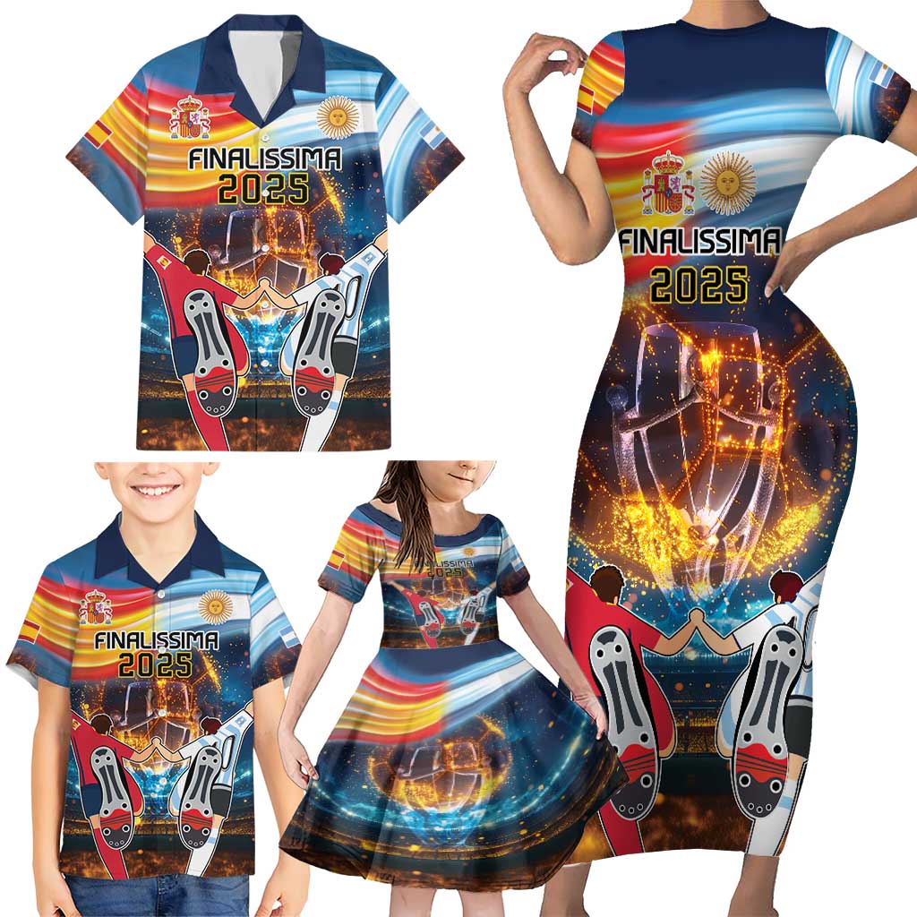 Custom Spain and Argentina Football Family Matching Short Sleeve Bodycon Dress and Hawaiian Shirt Finalissima Make History Together - Wonder Print Shop