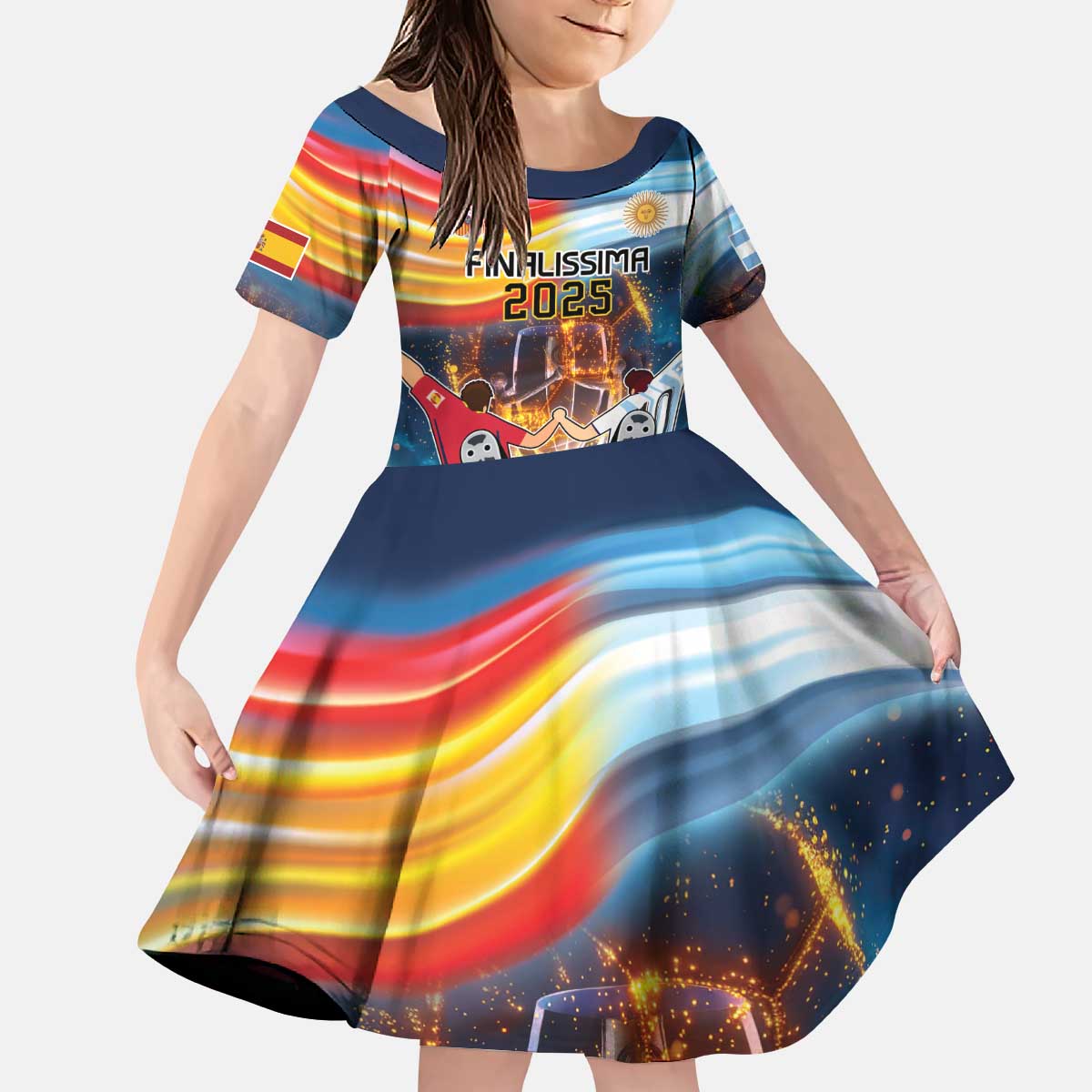 Custom Spain and Argentina Football Kid Short Sleeve Dress Finalissima Make History Together - Wonder Print Shop