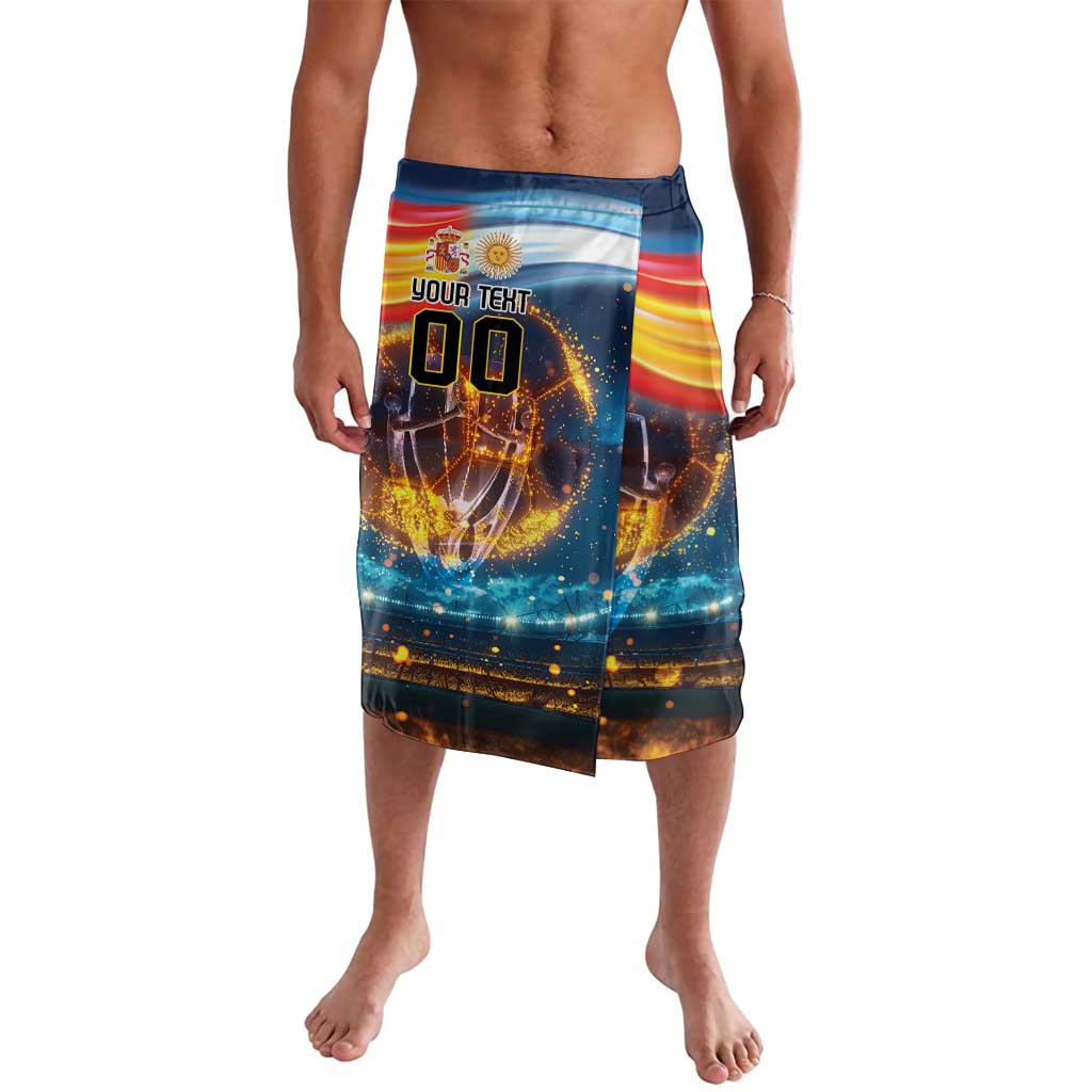 Blue and multicolor football-themed lavalava with elastic waistband and front graphic