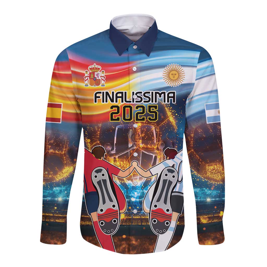 Blue long-sleeve button football shirt with 'FINALISSIMA 2025' graphic front