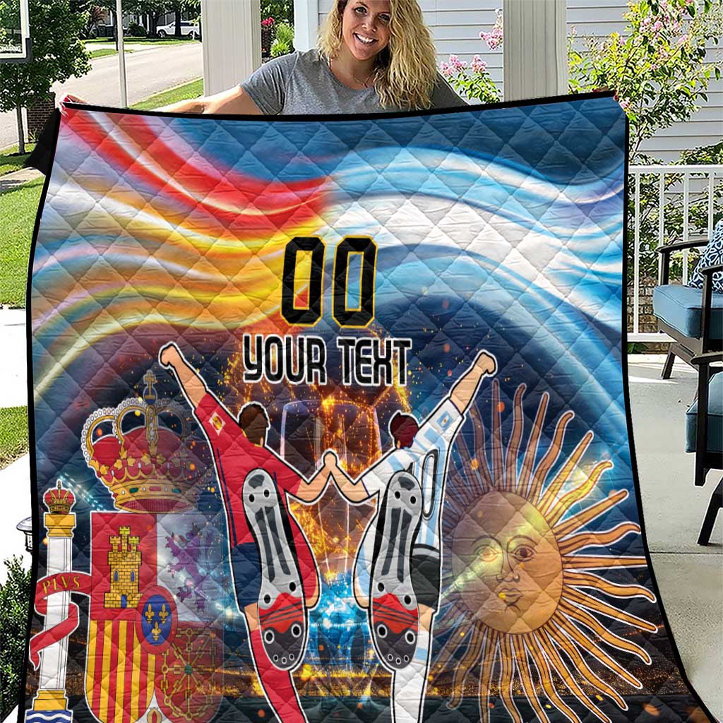 Blue quilt panel with “00” and “YOUR TEXT,” Spain crest, Argentina sun, and player silhouettes