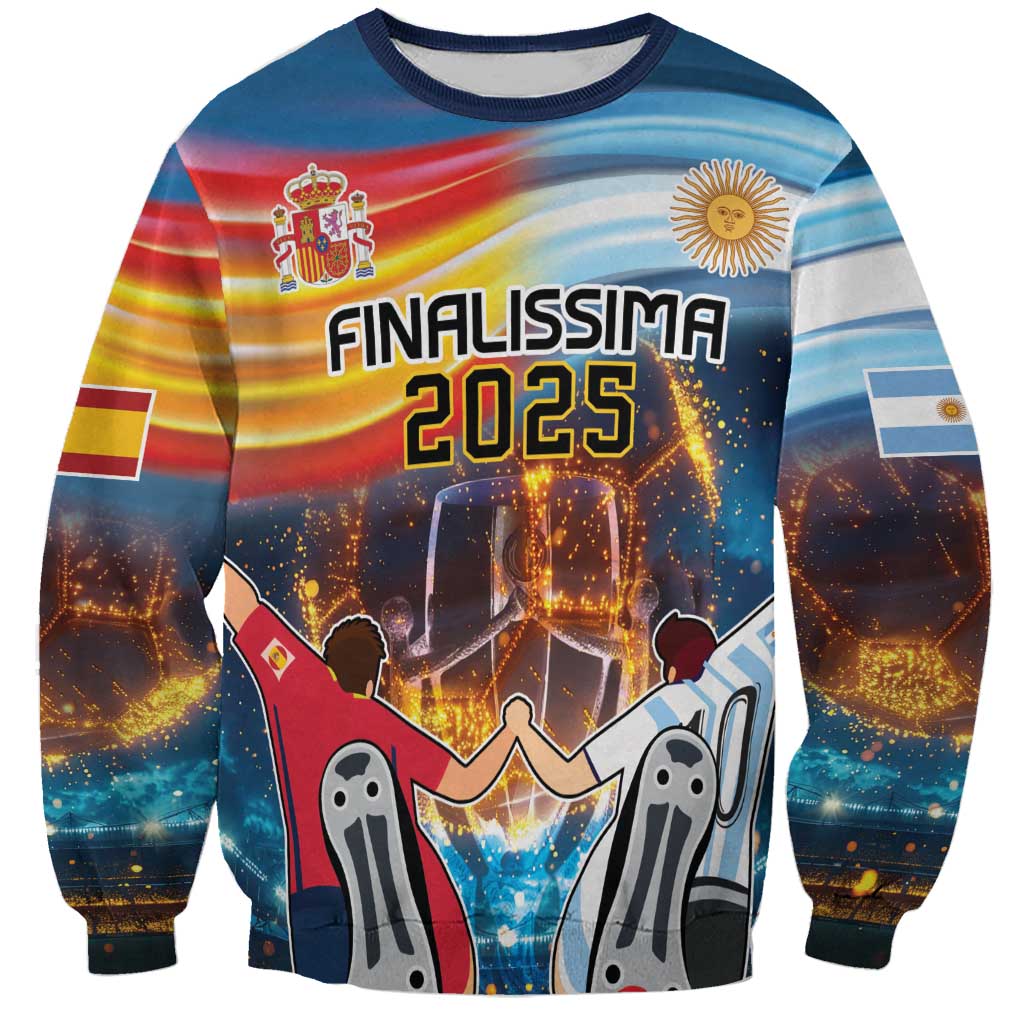 Colorful football sweatshirt with front graphic, Spain crest, Argentina sun, and 2025 text