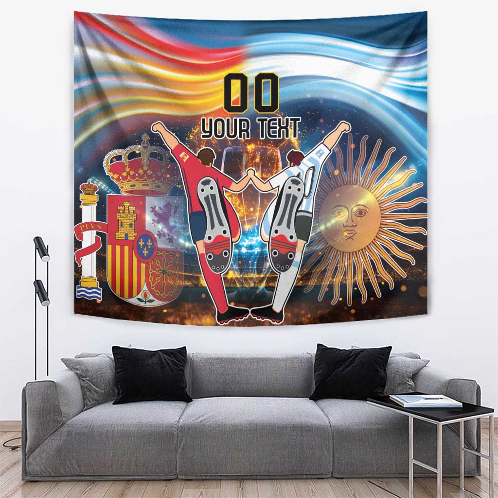 Football wall tapestry with blue waves, crossed hands, Spain and Argentina emblems, sun