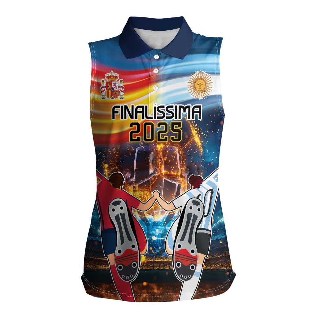 Custom Spain and Argentina Football Women Sleeveless Polo Shirt Finalissima Make History Together - Wonder Print Shop