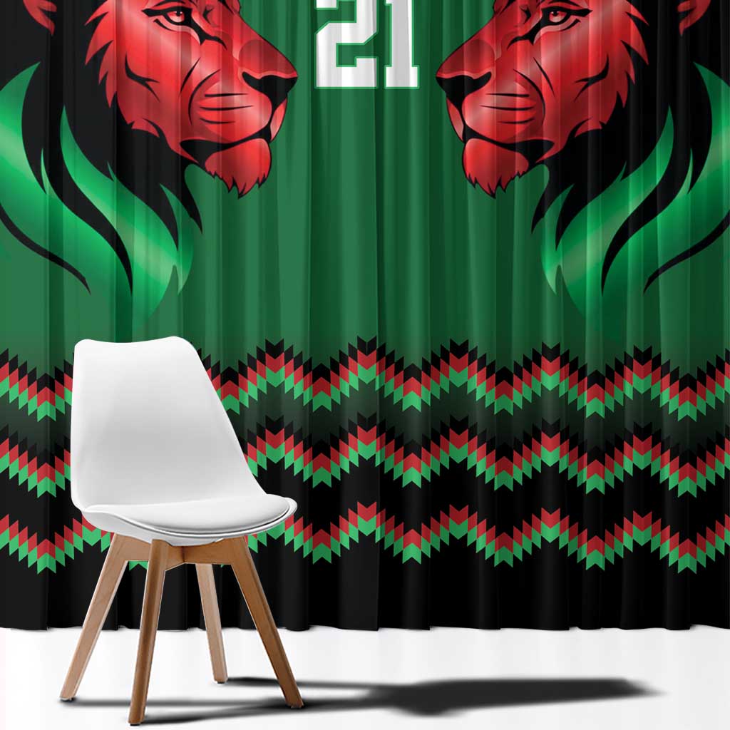 Kenya Cricket Custom Window Curtain Green Lion Head with Kenyan Pattern - Wonder Print Shop
