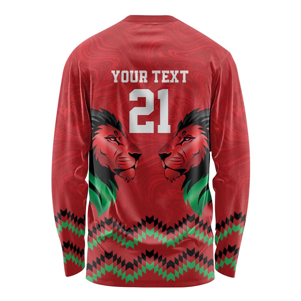 Kenya Cricket Custom Long Sleeve Shirt Red Lion Head with Kenyan Pattern - Wonder Print Shop