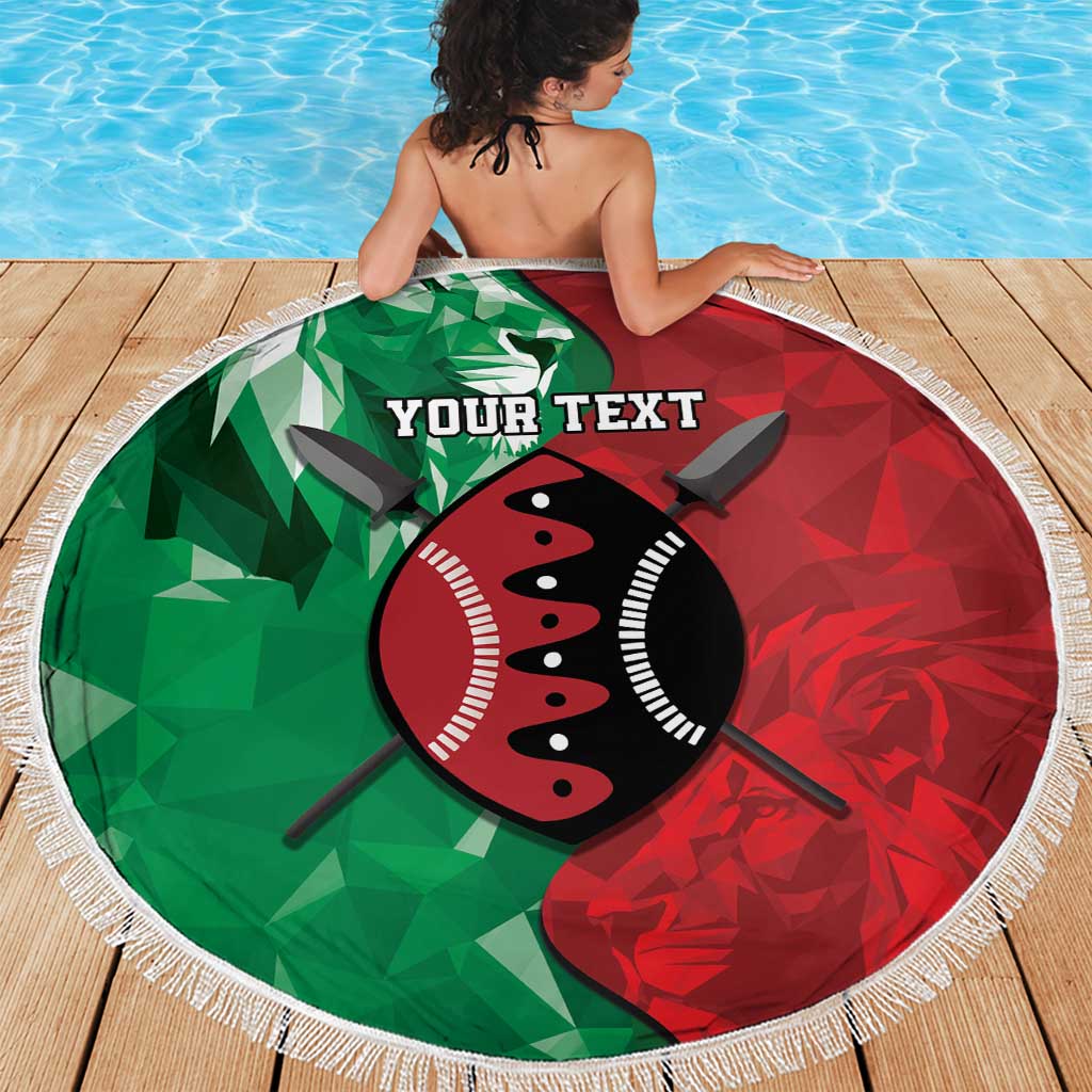 Personalized Kenya Maasai Shield Beach Blanket Green Red Kenyan Lion Half Style - Wonder Print Shop