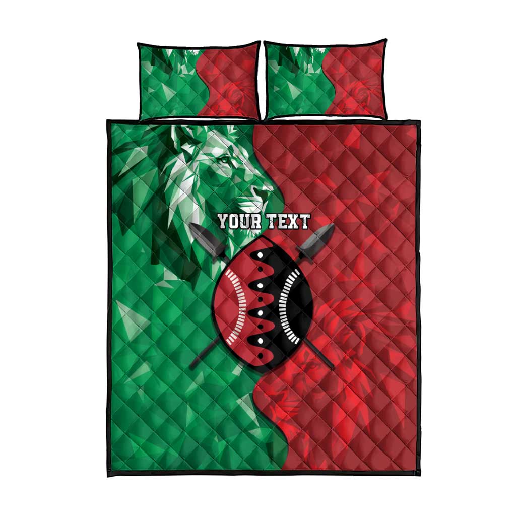 Green/red quilted bed set flat lay with lion shield graphic and two pillowcases