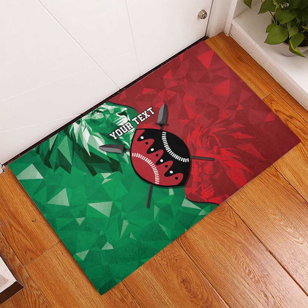 Rubber doormat with diagonal green-to-red pattern, lion emblem, and 'YOUR TEXT'