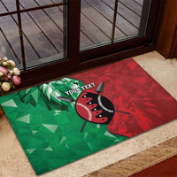 Rubber doormat with green left, red right geometric lion design and 'YOUR TEXT'