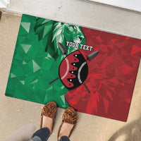 Rubber doormat with green and red lion graphic and 'YOUR TEXT' beside shoes