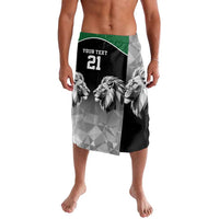 Custom lavalava wrap with green waistband, gray geometry, lion graphic, 'YOUR TEXT 21'