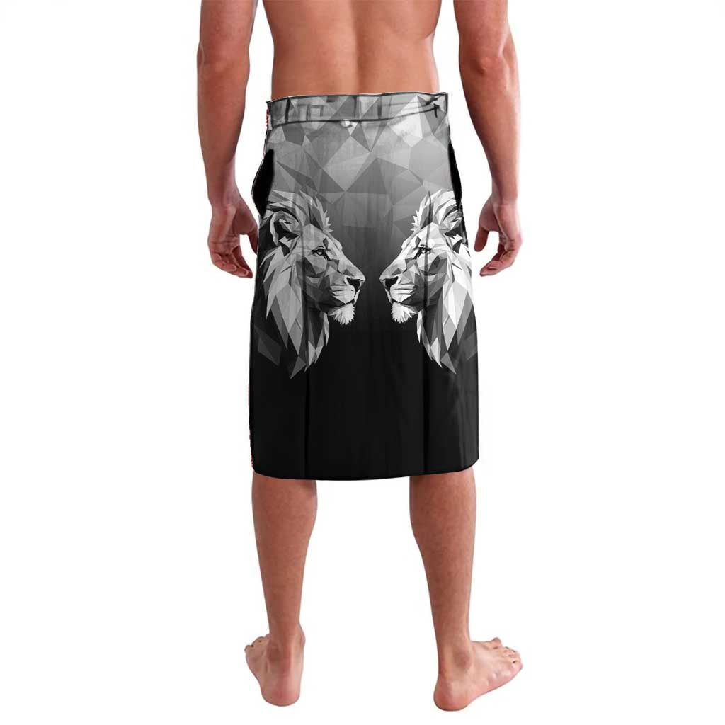 Lavalava wrap skirt with black base, gray geometric panels, lion face print, back view