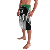 Custom lavalava wrap with green waistband, gray geometry, lion graphic, 'YOUR TEXT 21', side view