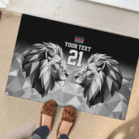 Black rubber doormat with lion couple print, Kenya flag, and 'YOUR TEXT' '21' graphic