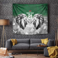 Green wall tapestry with geometric lion faces, "YOUR TEXT," and "21".