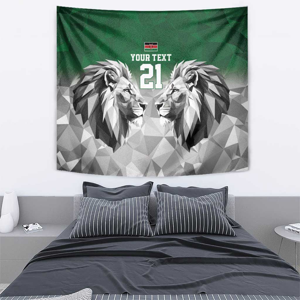 Green wall tapestry featuring geometric lion faces with "YOUR TEXT" and "21".