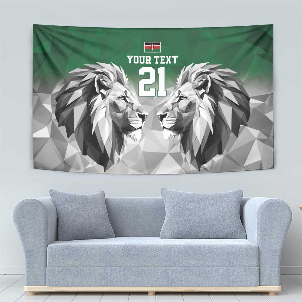 Green hanging tapestry showing geometric lion faces and "YOUR TEXT" above "21".