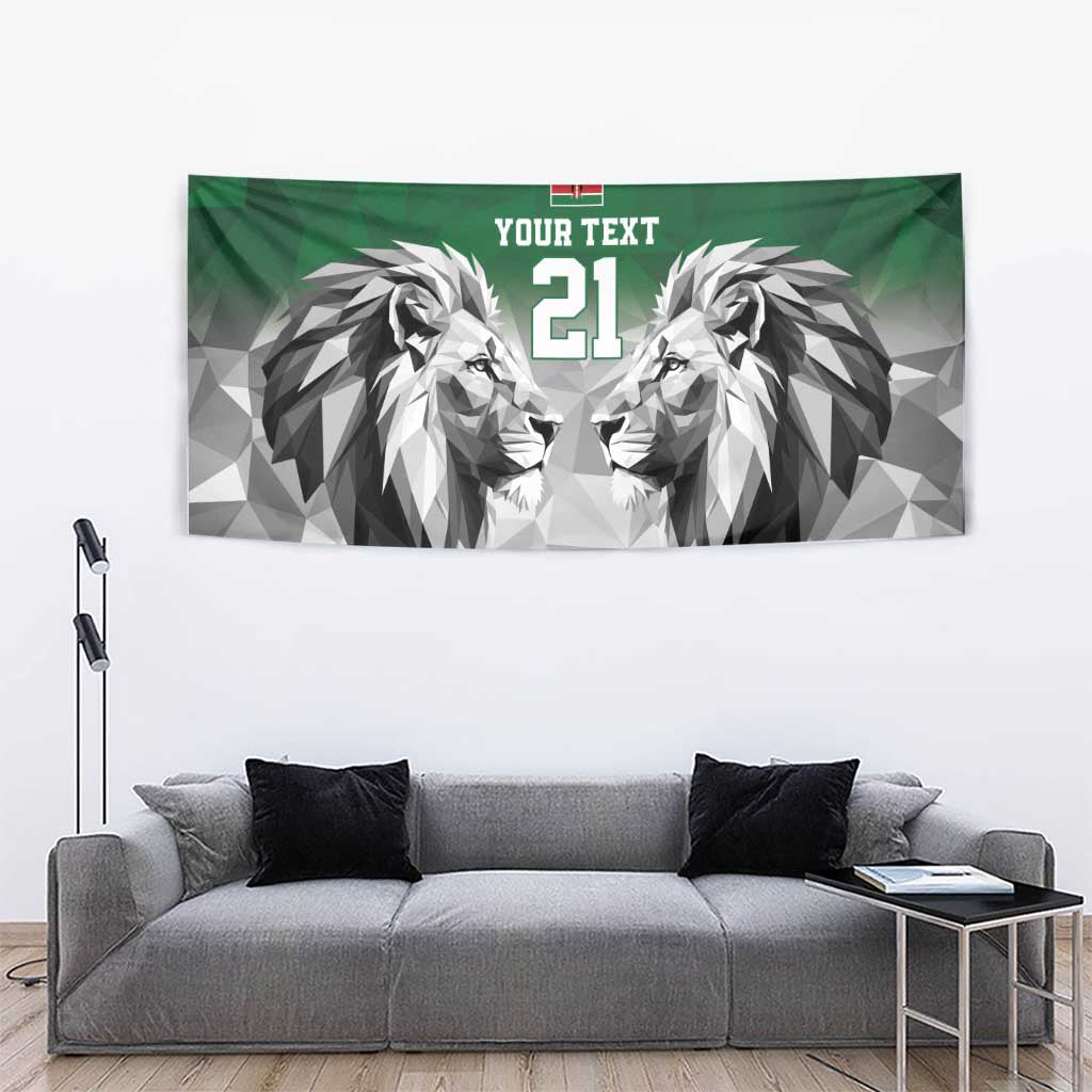 Green wall tapestry with geometric lion faces, "YOUR TEXT," and large "21".