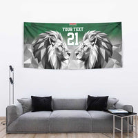 Green wall tapestry with geometric lion faces, "YOUR TEXT," and large "21".