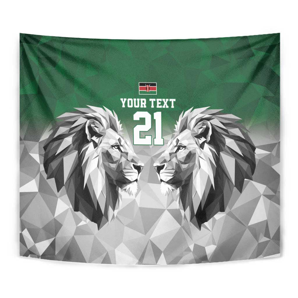 Close-up green tapestry with geometric lion faces, "YOUR TEXT," and "21".