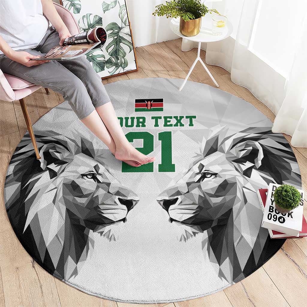 Round carpet with geometric lion faces, green '21' text, and small Kenya flag