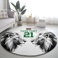 Round carpet with geometric lion faces, green YOUR TEXT 21 lettering, and Kenya flag