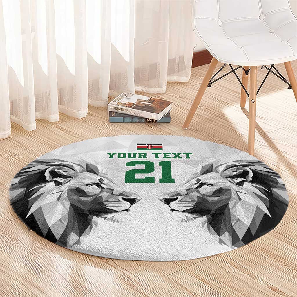 Round carpet with geometric lion faces and green '21' text, on light gray background
