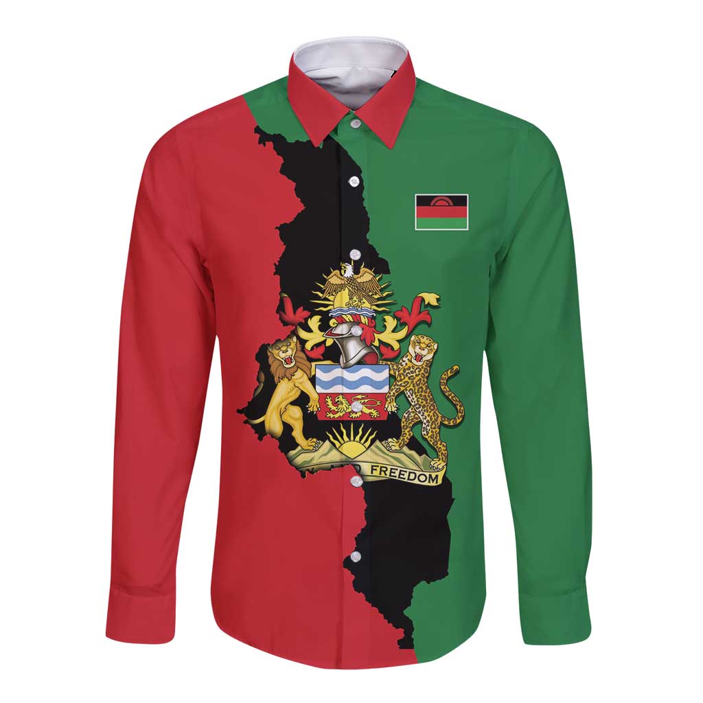 Long-sleeve button shirt, red/green Malawi map with coat of arms emblem on front