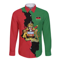 Long-sleeve button shirt, red/green Malawi map with coat of arms emblem on front