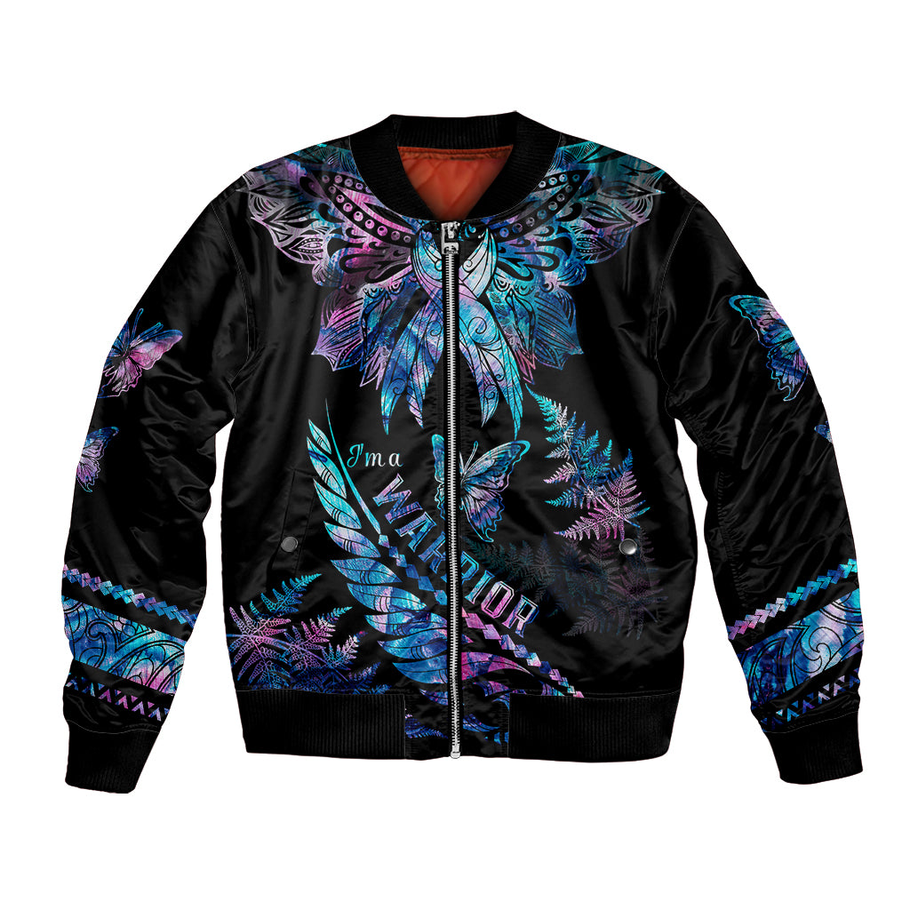 Black bomber jacket with colorful butterfly feather graphic, front zipper, ribbed cuffs