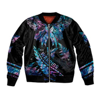 Black bomber jacket with colorful butterfly feather graphic, front zipper, ribbed cuffs