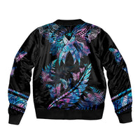 Black bomber jacket with large butterfly and feather pattern, ribbed collar and hem