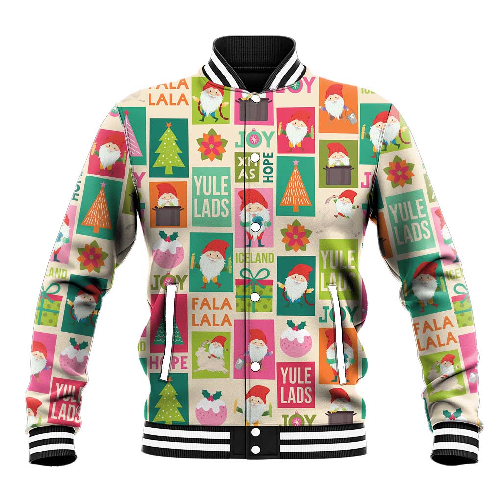 Beige baseball jacket with Icelandic gnome patchwork print, snap buttons and ribbed cuffs