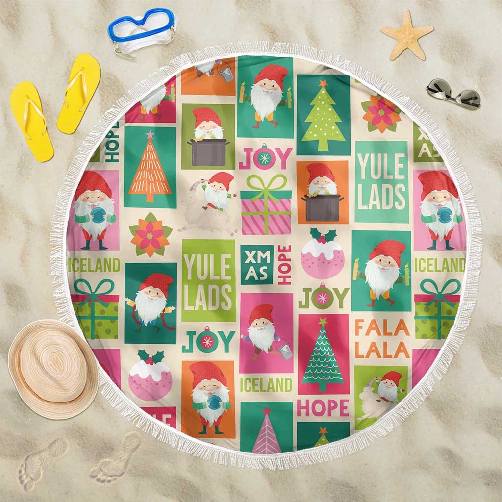 Round fringed Christmas beach blanket with Yule lads patchwork and cartoon holiday blocks