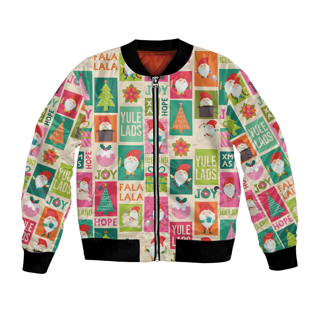 Unisex beige bomber jacket with colorful Icelandic Yule lad print, full zip and ribbed cuffs