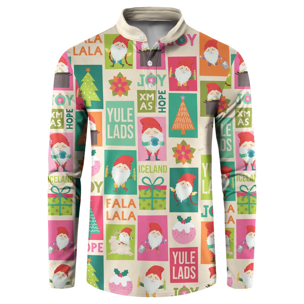 Beige Christmas button sweatshirt with colorful Yule Lads graphic, front view