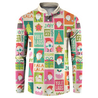 Beige Christmas button sweatshirt with colorful Yule Lads graphic, front view