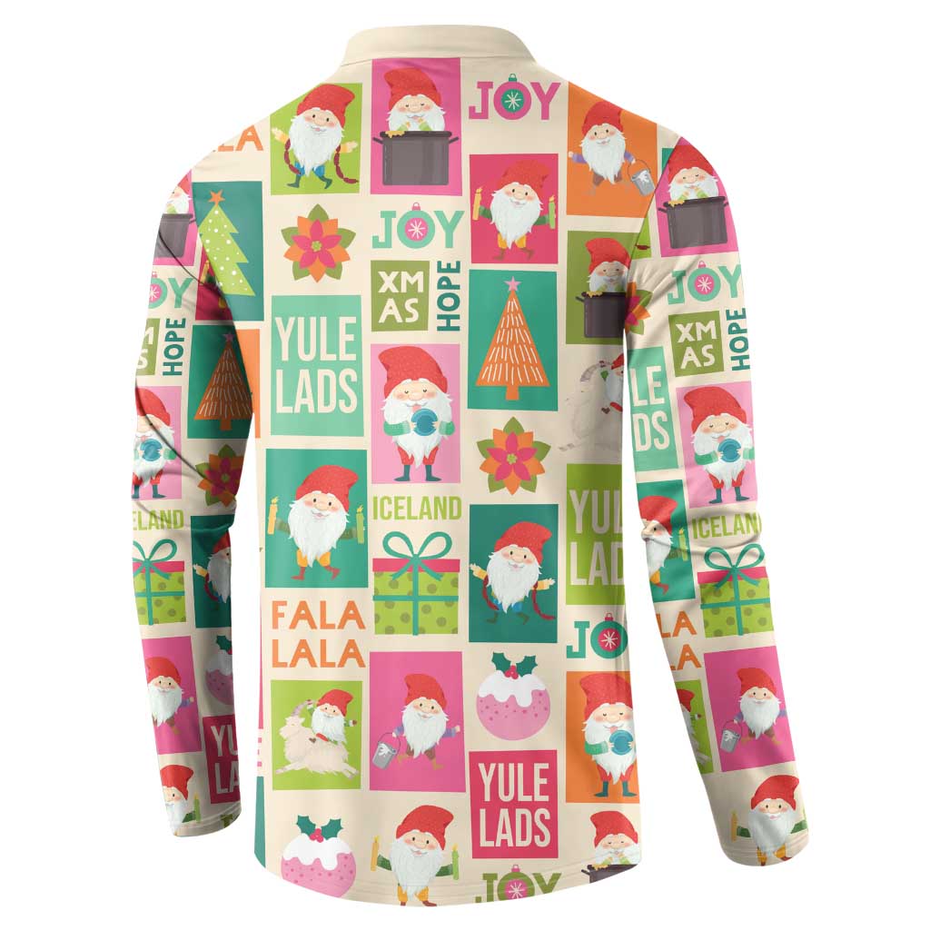 Beige Christmas button sweatshirt with back panel Yule Lads and Iceland text