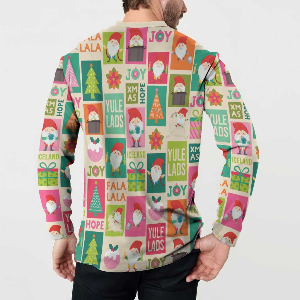 Beige Christmas button sweatshirt with Yule Lads graphic, close-up back view