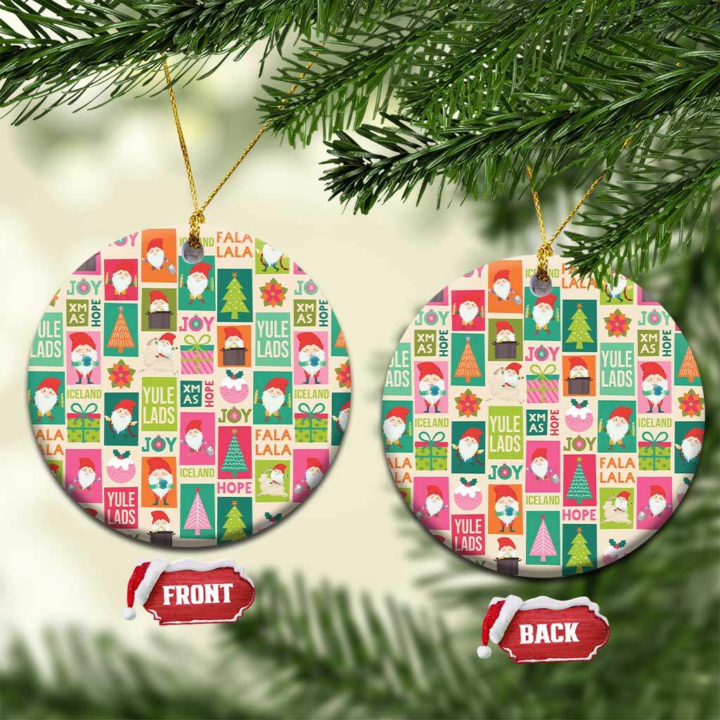 Round ceramic Christmas ornaments with colorful Icelandic pattern and gold hanging strings.