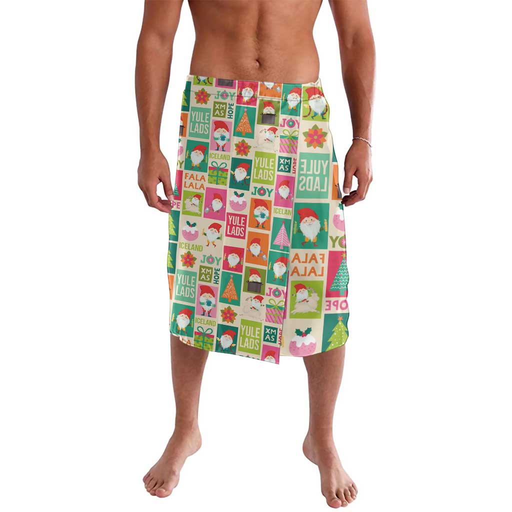Knee-length Christmas wrap skirt with colorful Yule Lads pattern, elastic waistband