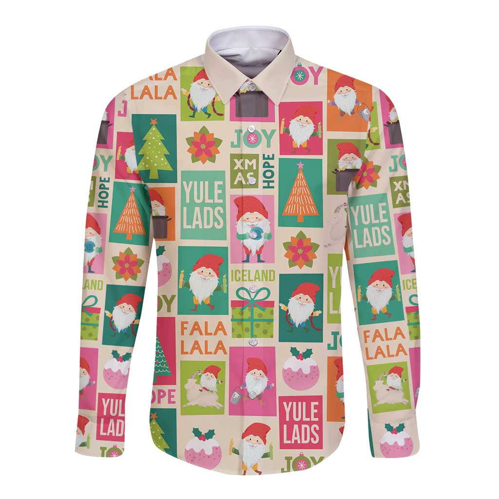 Beige long-sleeve button shirt with colorful Yule lads patchwork print
