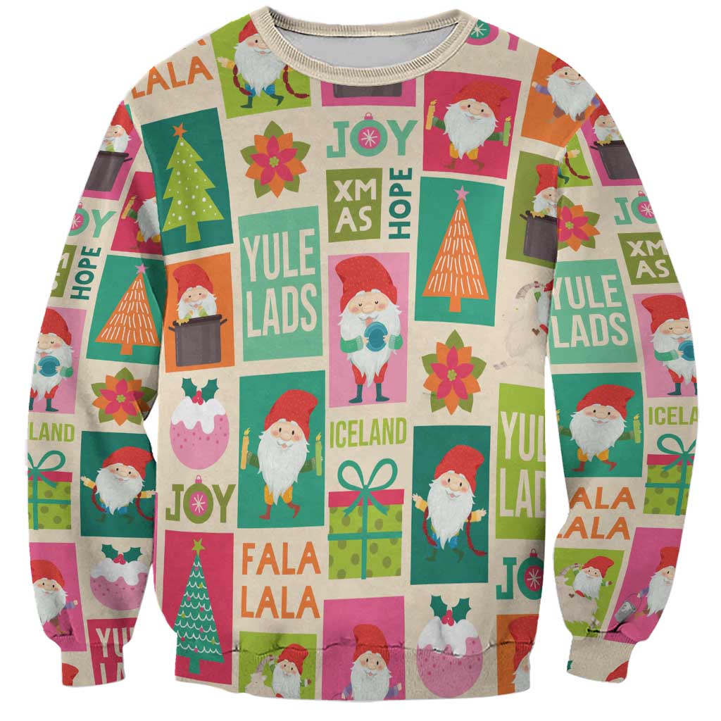 Beige Christmas sweatshirt with colorful Icelandic gnome and gift pattern, crew neck