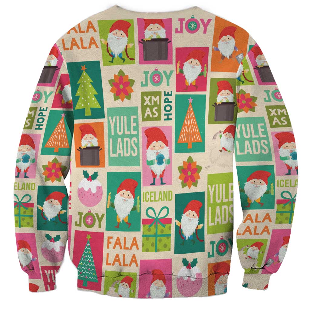 Beige crew-neck Christmas sweatshirt with scattered gnomes, trees, gifts, and JOY text pattern