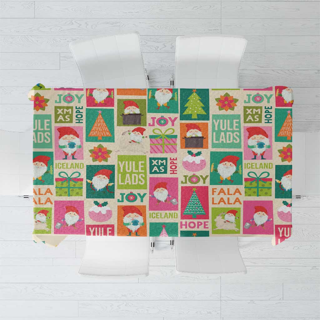 Christmas tablecloth with colorful Yule lads, joy text, trees, and playful characters pattern