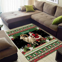 Green holiday area rug with goat artwork, 'Your text' banner, and starry black center