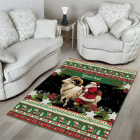 Green holiday area rug with goat artwork, 'Your text' strip, and holly border