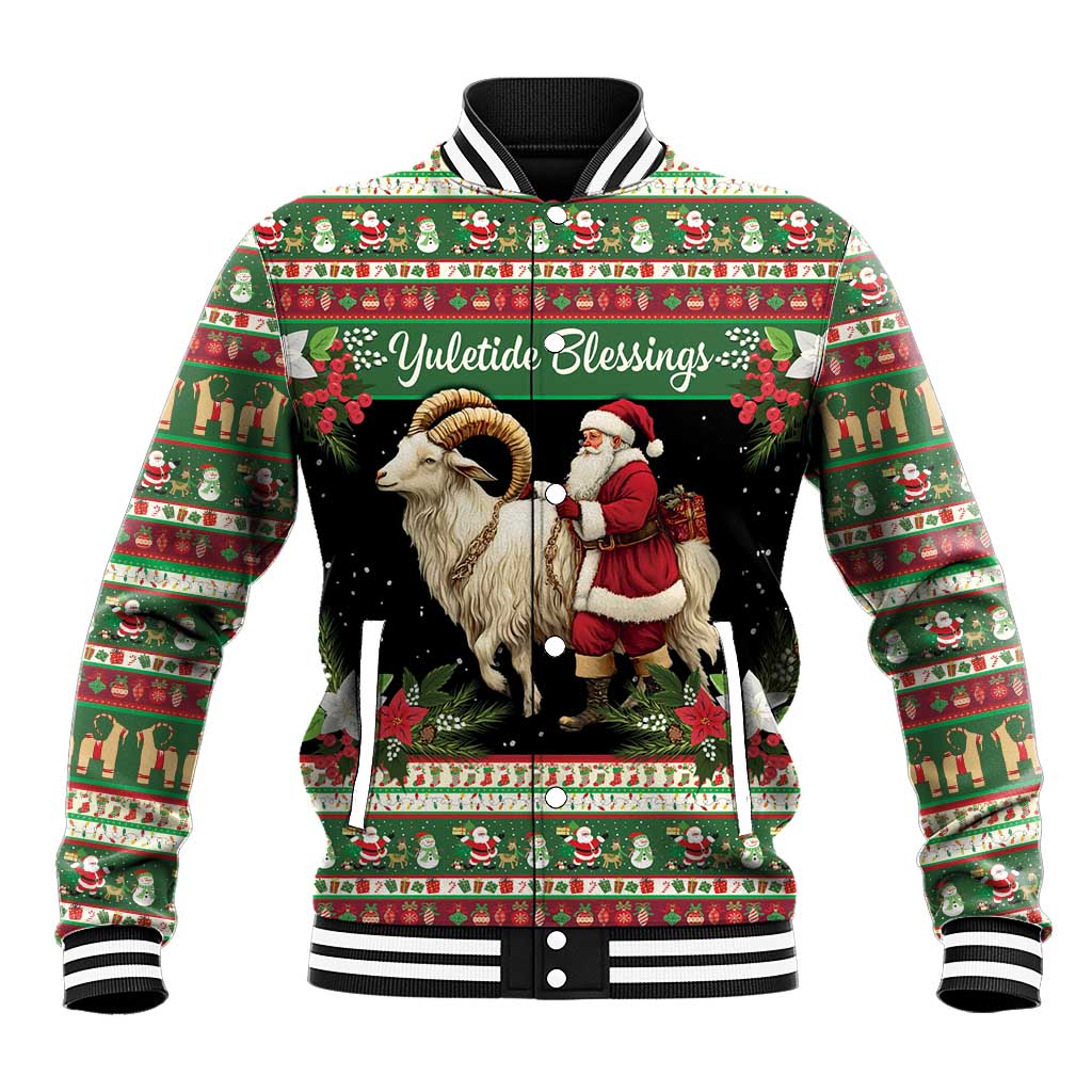 Green festive baseball jacket with goat, Santa, striped ribbed collar and cuffs