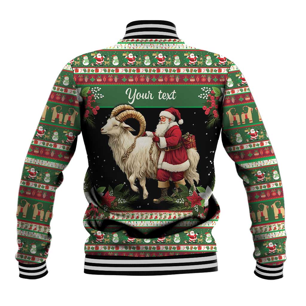 Green back baseball jacket with goat and Santa graphic, striped ribbed hem and cuffs